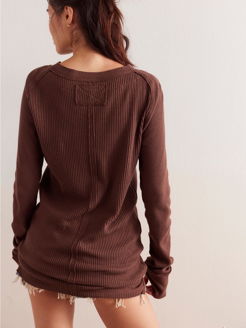 Free People Care Honey B Crewneck Thermal Brown Waffle Knit - Picture 2 of 13